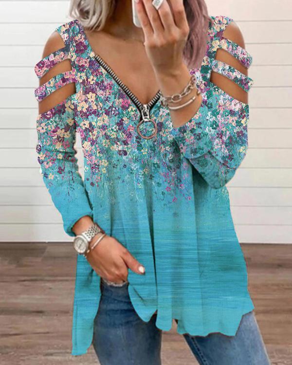 Low-Cut Zipper Flower Printed Off Shoulder Long Sleeve Tops