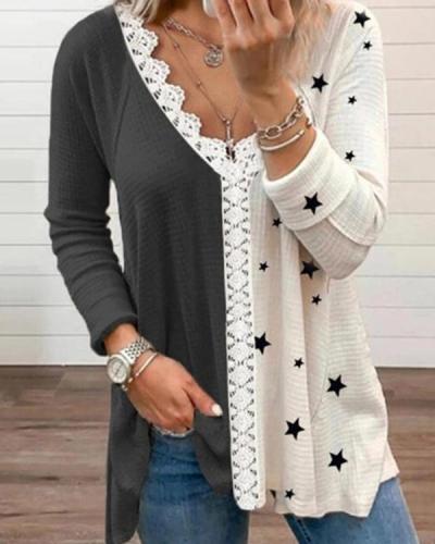 White and Black Color-block Star Priting V-neck T-shirt