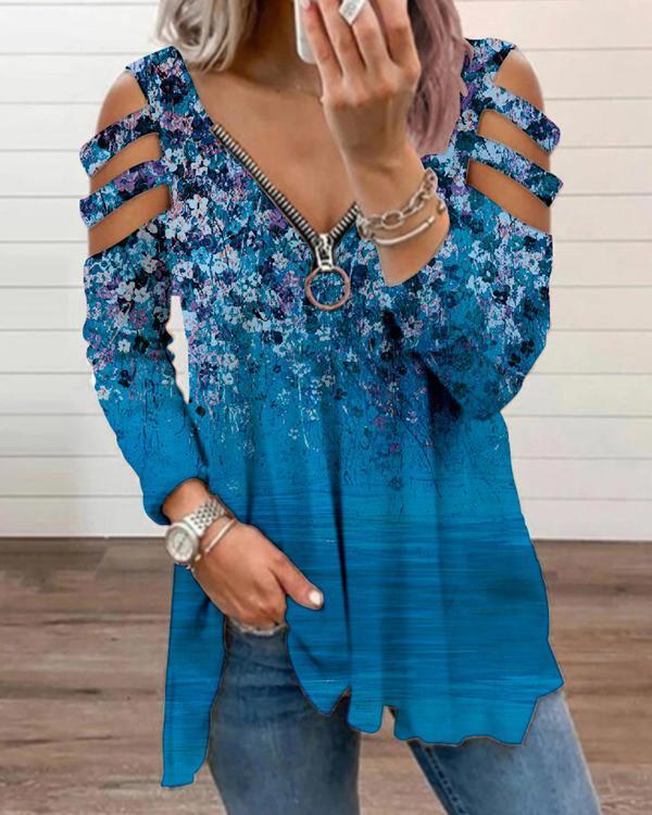 Low-Cut Zipper Flower Printed Off Shoulder Long Sleeve Tops