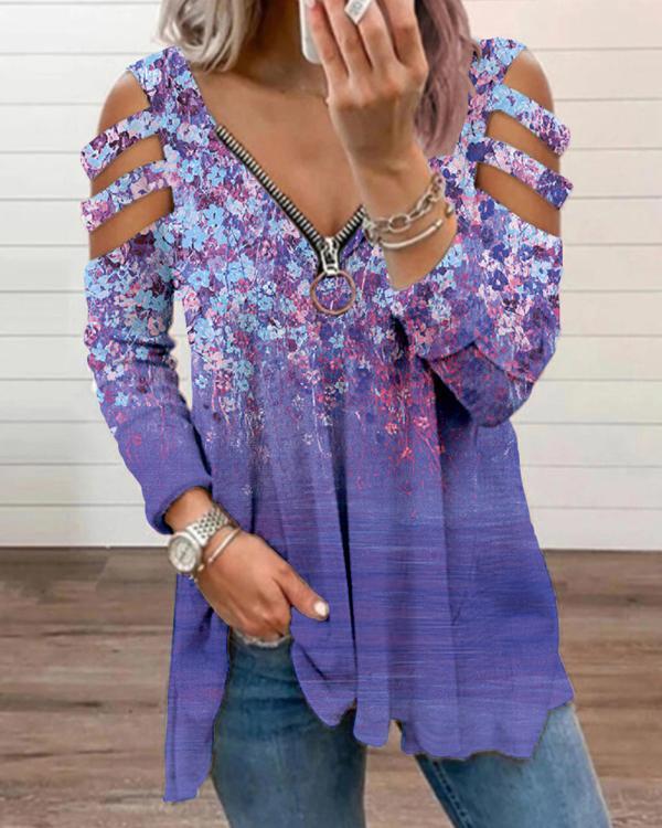 Low-Cut Zipper Flower Printed Off Shoulder Long Sleeve Tops