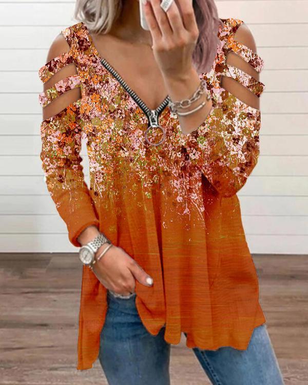 Low-Cut Zipper Flower Printed Off Shoulder Long Sleeve Tops