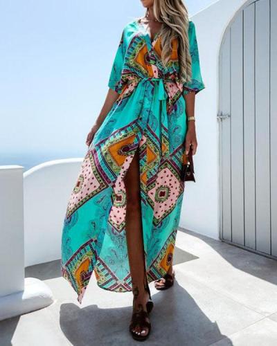 Women Raglan Sleeves Tie Waist Print Maxi Dresses