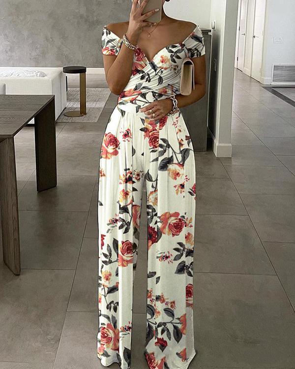 Elegant Off Shoulder Wrap Floral Wide Leg Jumpsuit