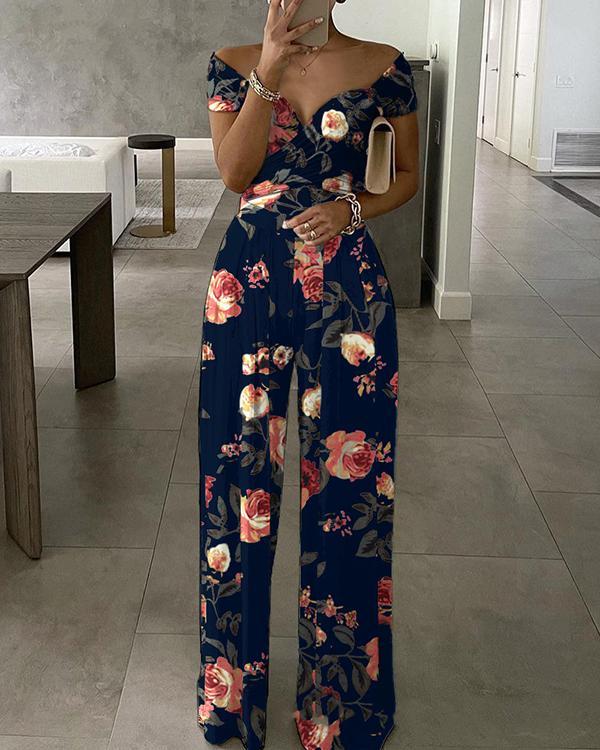 Elegant Off Shoulder Wrap Floral Wide Leg Jumpsuit