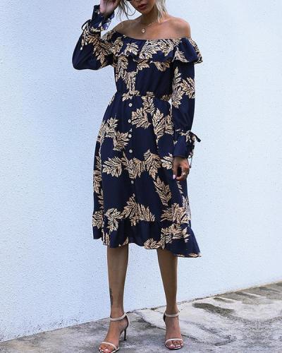 Women's Buttoned Long-Sleeve Leaf Print Dress