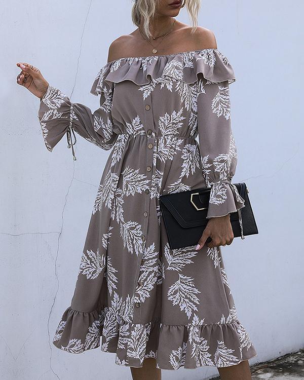 Women's Buttoned Long-Sleeve Leaf Print Dress