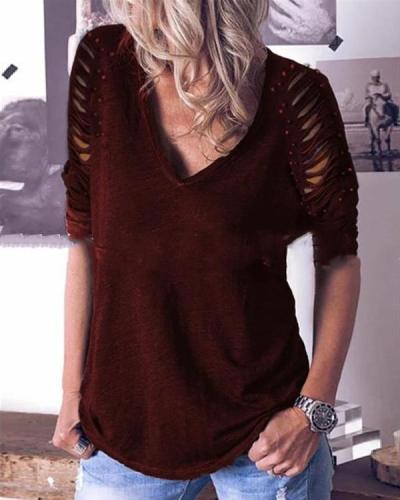 Hollow out Sleeve Casual Long Sleeves Dot Studded T-shirt
