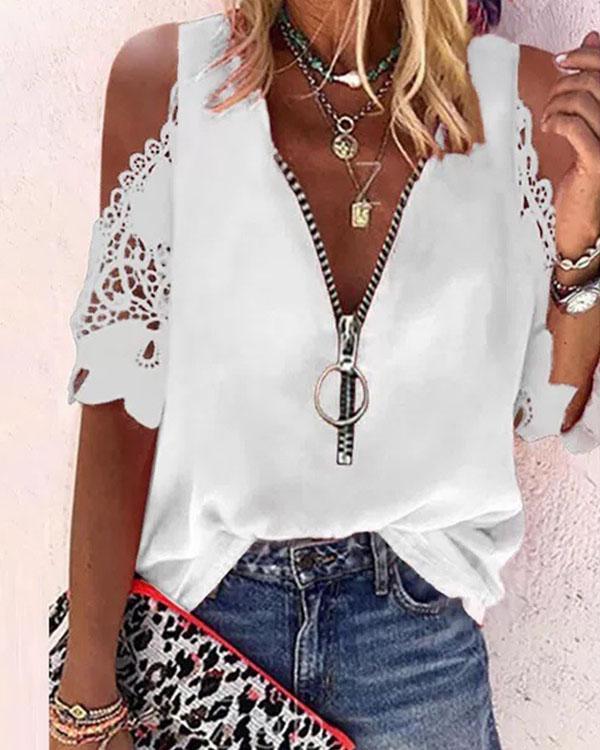 US$ 25.98 - Lace Off Shoulder Pure Color Half Sleeves Casual Blouses ...