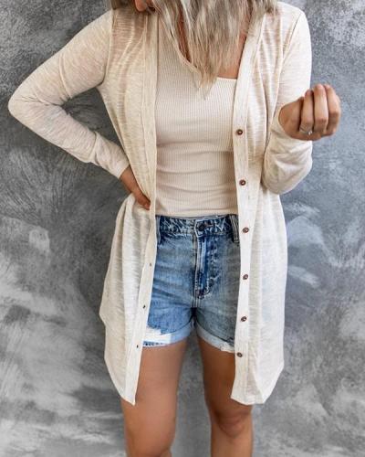 Button Solid Color Casual Long-Sleeve Cardigan