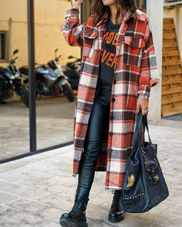 Lapel Plaid Print Woolen Long Coat