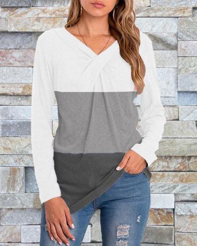 V-neck Long-sleeved Stitching Pullover Bottoming Shirt