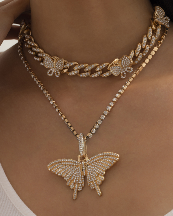 2PCS Butterfly Pendant Studded Charm Necklace