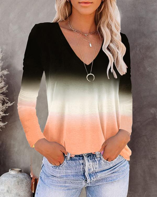 V-neck Long-sleeved Gradient T-shirt