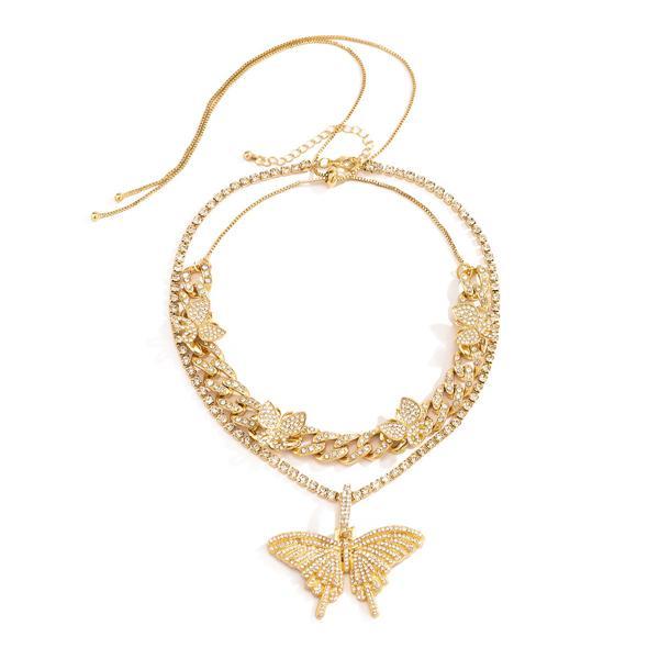 2PCS Butterfly Pendant Studded Charm Necklace