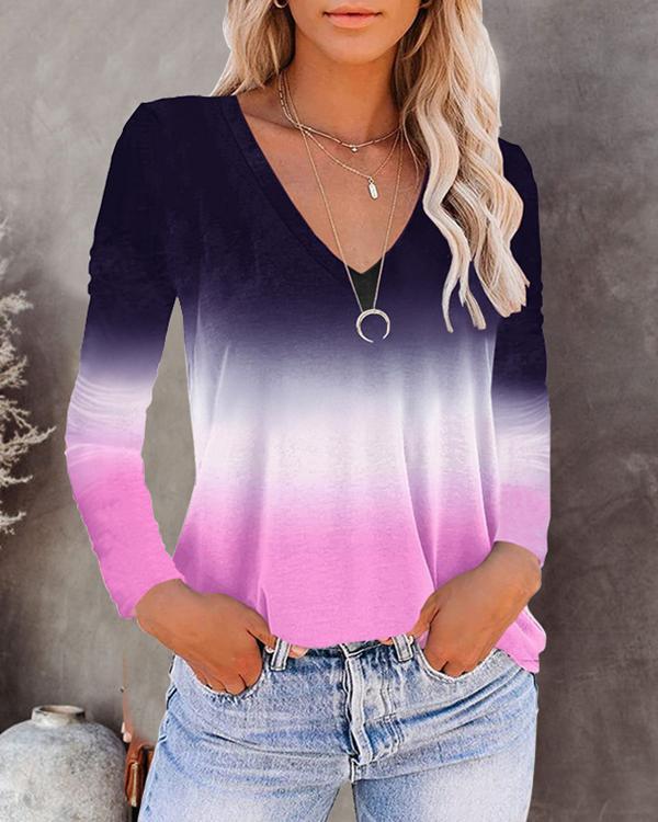 V-neck Long-sleeved Gradient T-shirt