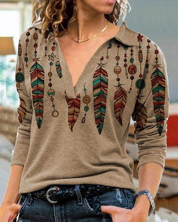 Plus Size Vintage Feather Print Long Sleeve Shirt Collar Tops