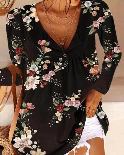 V-neck Long-sleeved Flower Print T-shirt