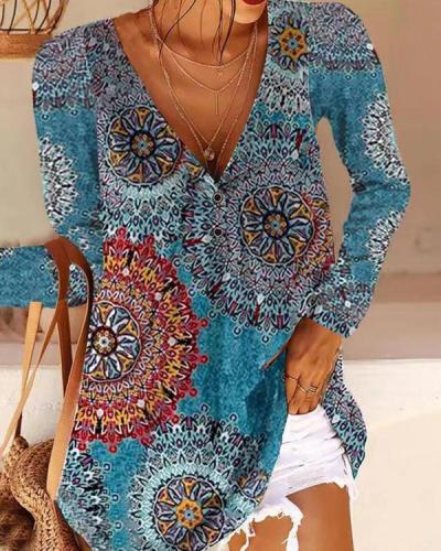 V-neck Long-sleeved Flower Print T-shirt