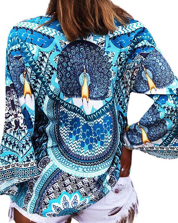 Women's Blue Bohemian Blouse Fashion Long Sleeve Print Tops