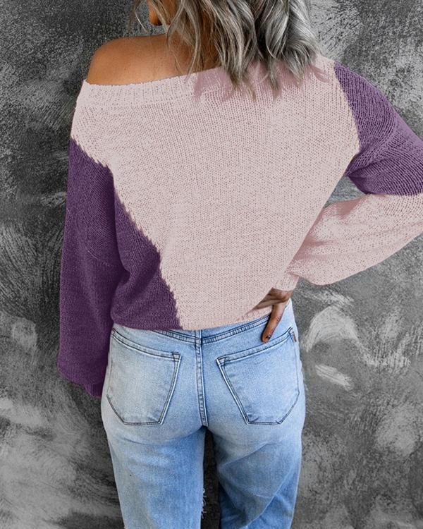 Autumn Knitted Contrast Color Design Pullover Sweater