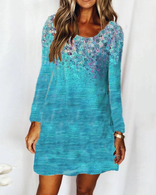 Casual Round Neck Long Sleeve Floral Ombre Dress