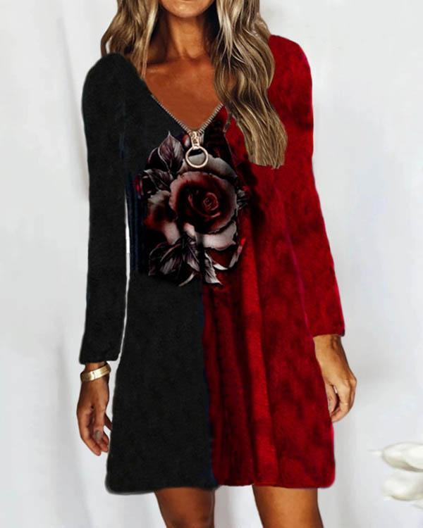 Casual V Neck Zipper Neck Long Sleeve Rose Print Contrast Dress