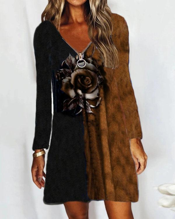 Casual V Neck Zipper Neck Long Sleeve Rose Print Contrast Dress