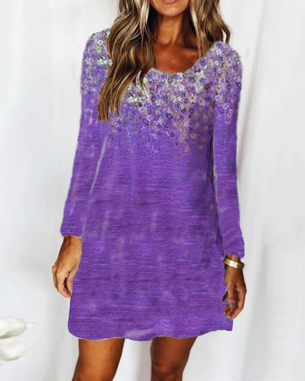 Casual Round Neck Long Sleeve Floral Ombre Dress