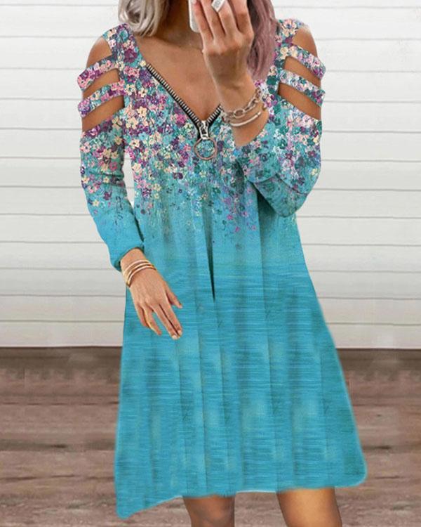 Casual Zipper Neck Hollow out Long Sleeve Floral Ombre Dress