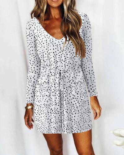 Casual V Neck Long Sleeve Print Mini Dress with Drawstring & Pockets