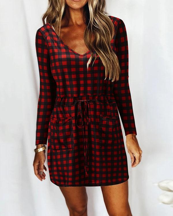 Casual V Neck Long Sleeve Print Mini Dress with Drawstring & Pockets