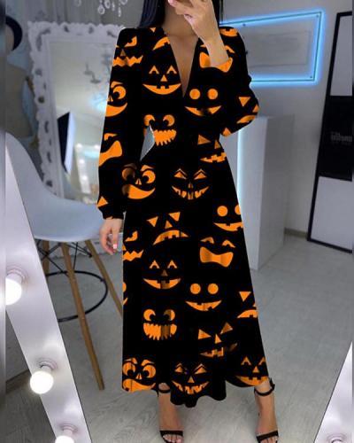 Fashion V-neck Printed Long Sleeve Dress