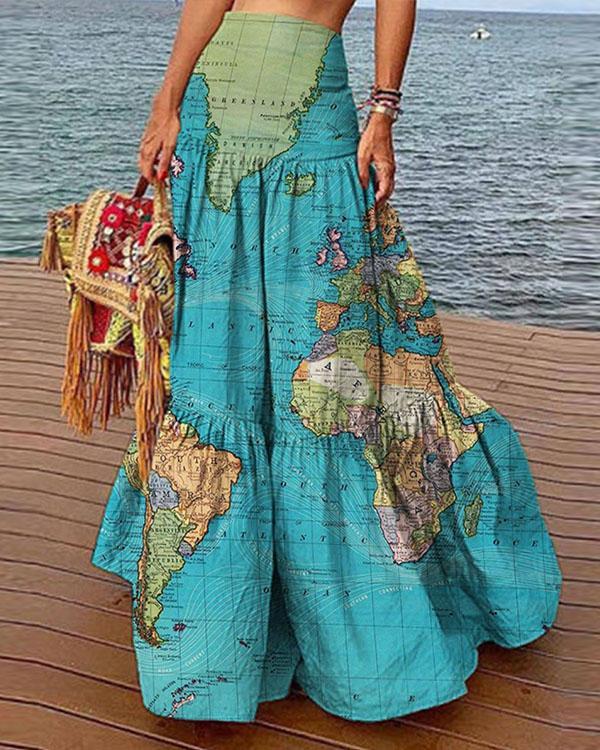 Casual High Waist Layer Ruffle Map Skirt