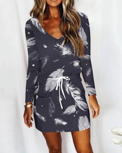 Casual V Neck Long Sleeve Print Mini Dress with Drawstring & Pockets