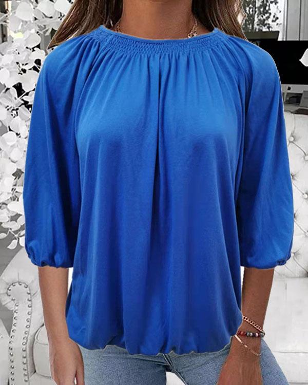 Comfy Cotton Blend Round Neck Solid Color Blouse