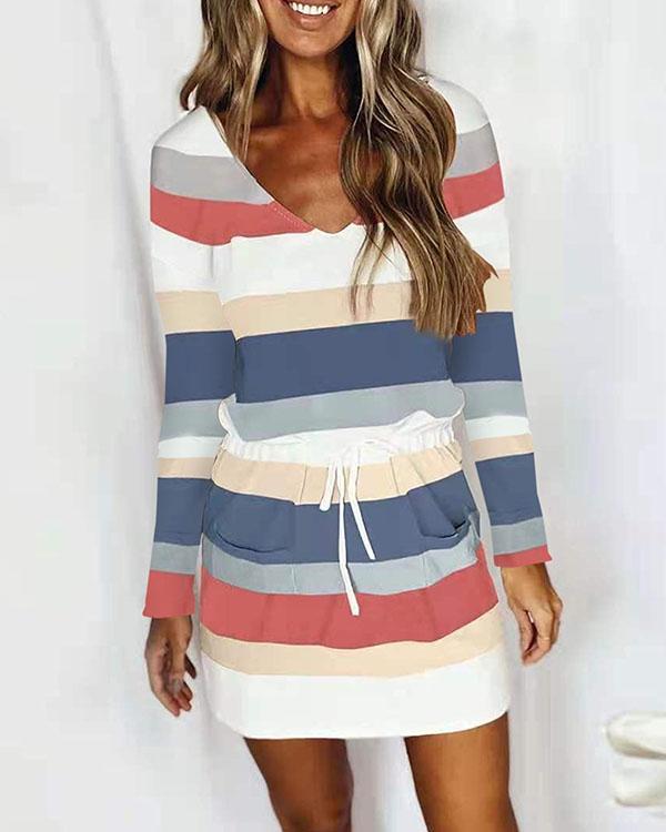 US$ 28.98 - Casual V Neck Long Sleeve Stripe Mini Dress with Drawstring ...