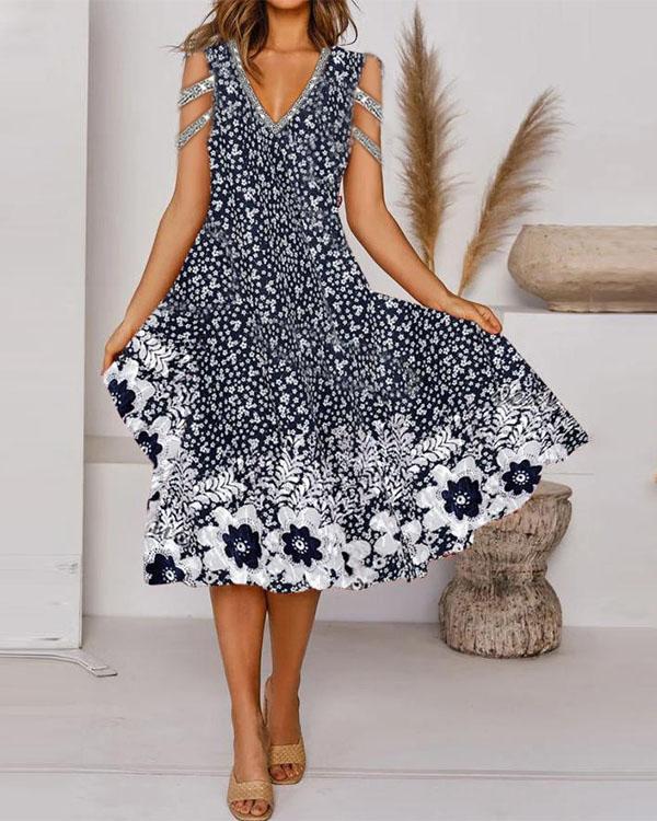 Elegant Multifloral Print Tunic V-Neckline Midi A-line Dress