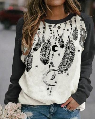 Casual Western Ethnic Feather Print Sweatshirt