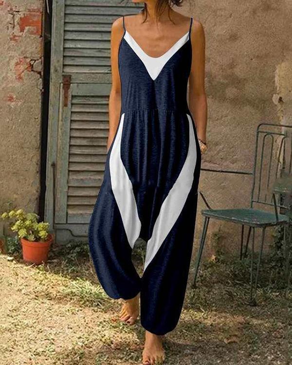 Fashion Contrast Color Block Spaghetti Strap Jumpsuit