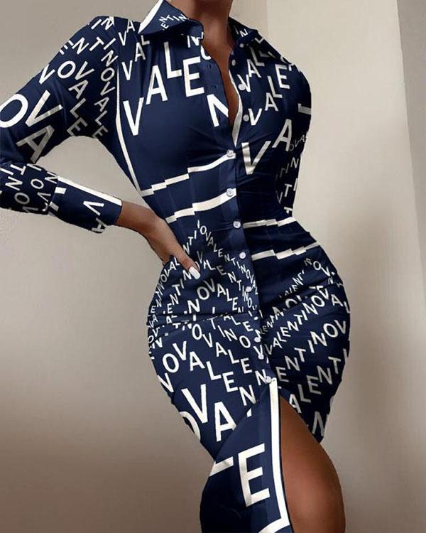 Sexy Letter Print Long-sleeved Button Slit Bodycon Dress