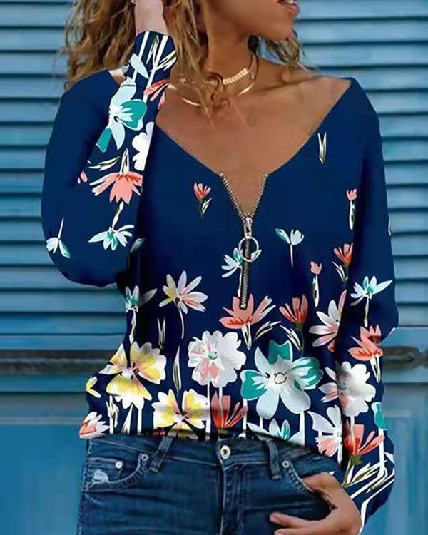 Casual Print Women V Neck Long Sleeve Blouses Tops