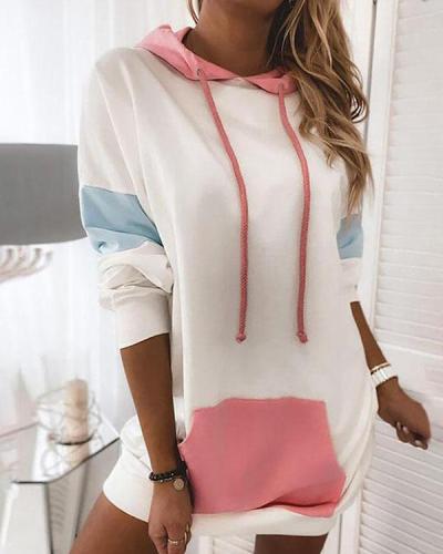 Women Color Block Contrast Long Hoodies with Pocket