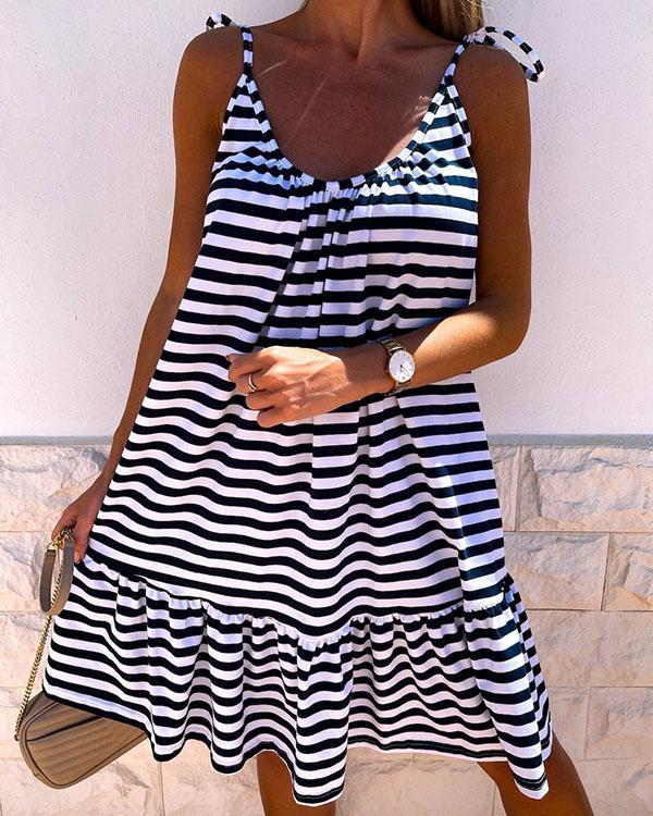 Lace up Strap Sleeveless Stripe Ruffle Sweet Mini Dresses