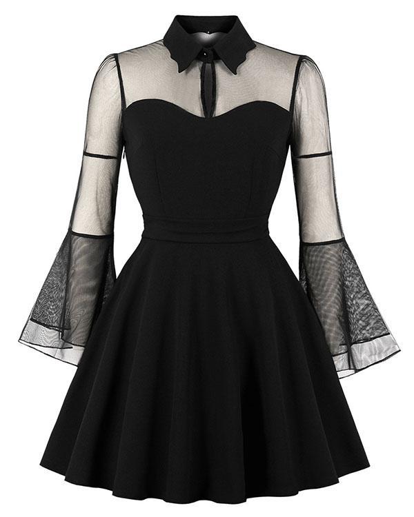 Halloween Black Queen Yarn Stitching Flare Sleeve Retro Dress
