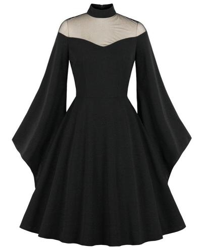 Halloween Black Queen Cosplay Dress Yarn Stitching Flare Sleeve Retro Maxi Dress