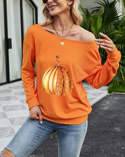 Slanted Shoulder Letter Fun Printed Long Sleeve T-Shirt