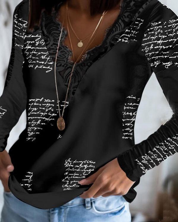 Women's Lace V Neck Newspaper Print Long Sleeve Blouse Top