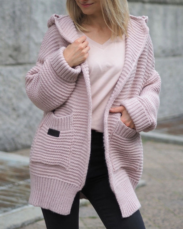 Solid Casual Loose Long Sweater Coats Pockets Sweaters