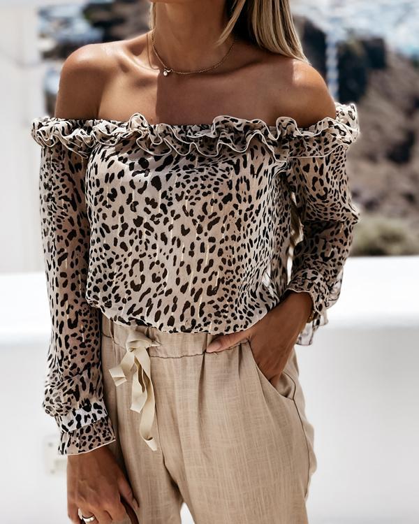 Off Shoulder Leopard Long Sleeve Tops