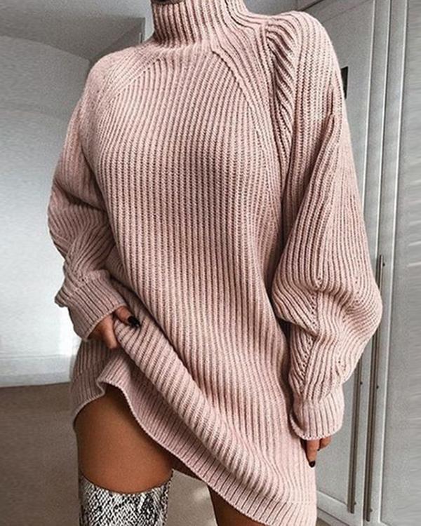 Mid-length Raglan Sleeve Half Turtleneck Sweater Dress
